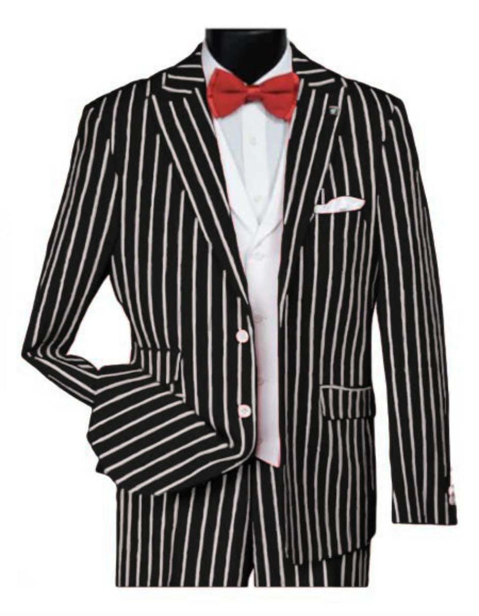 Black Pinstripe Suit: A Vintage Gangster Vibe for the Dapper Gent in the Roaring Twenties Spirit.